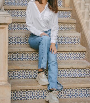 chica, collar, luz, colores, pelo. gargantilla, corse, camisa, vaqueros