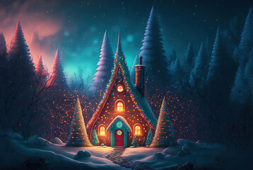 A beautiful Merry Christmas themed festive night scene in winter. A Happy New Year and Christmas Wallpaper. A Generative AI Digital Illustration.	