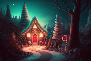 A beautiful Merry Christmas themed festive night scene in winter. A Happy New Year and Christmas Wallpaper. A Generative AI Digital Illustration.	