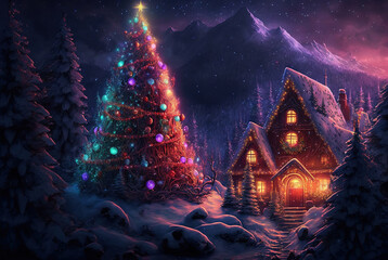 Fototapeta na wymiar A beautiful Merry Christmas themed festive night scene in winter. A Happy New Year and Christmas Wallpaper. A Generative AI Digital Illustration. 