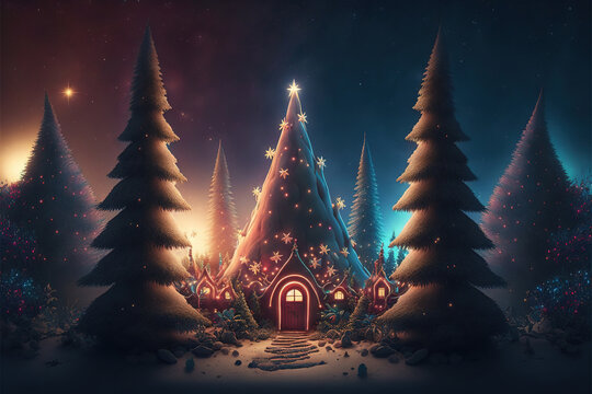 A beautiful Merry Christmas themed festive night scene in winter. A Happy New Year and Christmas Wallpaper. A Generative AI Digital Illustration.	