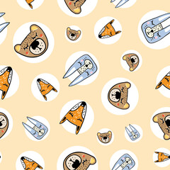 Cute hand-drawn bear, fox and hare heads seamless pattern, funny forest animals background in yellow color