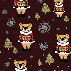 A cute seamless winter pattern with a hand-drawn bear character in the forest,  a cozy brown Christmas season background.
