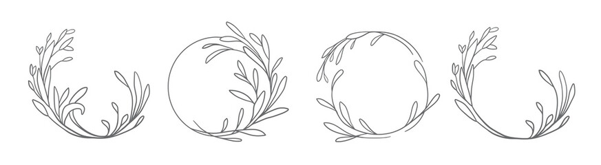 Outline flower wreath set. Vector floral frame in doodle style. Wedding monogram flourish frame isolated on white background. Outline border with wild flowers, meadow herbs and branches.