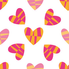 A seamless white background with funky hearts in red and orange colors