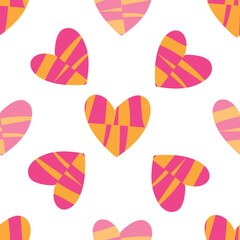 A seamless white background with funky hearts in red and orange colors