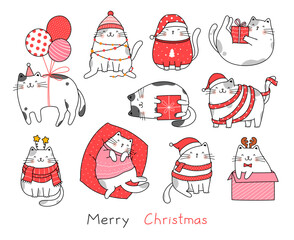 Hand drawn vector character collection cats for Christmas and New Year