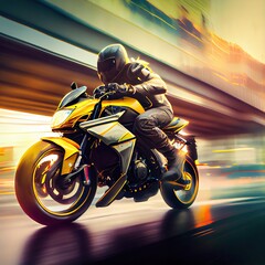 Biker riding on the yellow sports bike at the highway. Blurred motion, fast speed. Photorealistic illustration generated by Ai