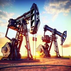 Oil pumps at sunset. Photorealistic Ai generated illustration 	
