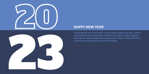 Happy New Year 2023.  Banner, flyer, greeting card and media post template. In blue and white colors.