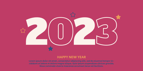 Fototapeta na wymiar Happy New Year 2023. Trendy and modern design of New Year 2023 banner, flyer, greeting card and media post template. In red, blue and white colors.