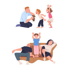 Tired Mom and Dad Exhausted with Noisy and Energetic Kids Playing Around Vector Set