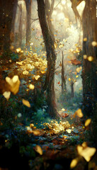 Obraz premium beautiful fantasy magical golden forest in the morning as landscape background