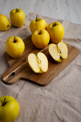 Raw Organic Golden Apples Ready to Eat, low angle view.