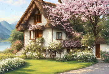 Fototapeta na wymiar Small cottage by the lake in the spring with blossom trees. Digital painting