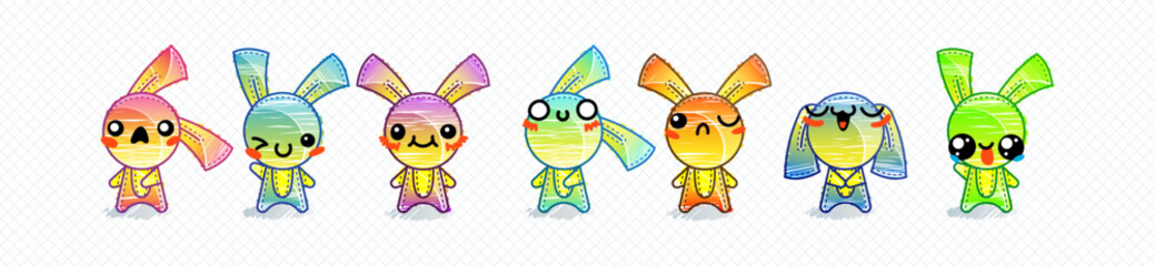 Raimbow Rabbits. Emoticons, doodle faces, eyes and mouth. Caricature comic expressive emotions, smiling, crying and surprised character face expressions