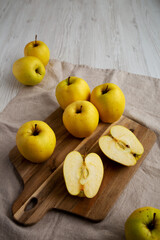 Raw Organic Golden Apples Ready to Eat, side view. Copy space.