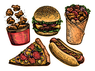 Fast Food set. Cheeseburger, slice of pizza, hot dog, kebab, fried chicken meat, burger, nuggets. Vector illustration