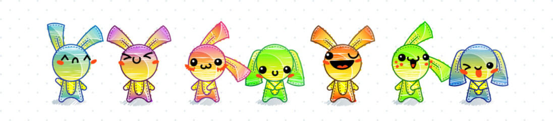 Raimbow Rabbits. Emoticons, doodle faces, eyes and mouth. Caricature comic expressive emotions, smiling, crying and surprised character face expressions