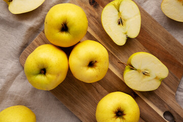 Raw Organic Golden Apples Ready to Eat, top view. Flat lay, overhead, from above.