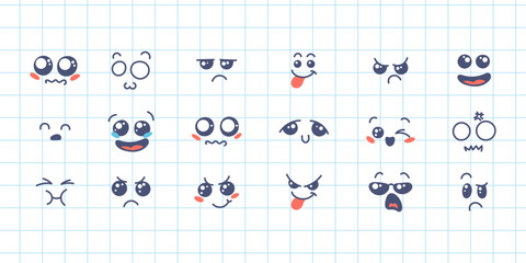 Various Cartoon Emoticons Set. Doodle faces, eyes and mouth. Caricature comic expressive emotions, smiling, crying and surprised character face expressions