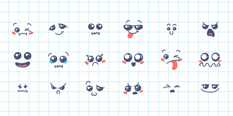 Various Cartoon Emoticons Set. Doodle faces, eyes and mouth. Caricature comic expressive emotions, smiling, crying and surprised character face expressions