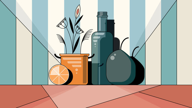 Simple still life with bottle, vase, fruits and flowers on a striped background.