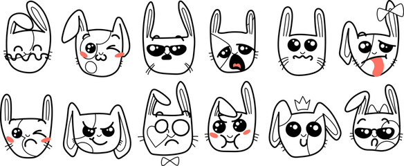 Cute Kawai rabbits. Different expression muzzles bunnies in doodle style. Angry, cheerful, joyful, happy, sick, love, suspicious, playful, laughing kawaii hare