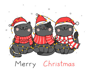 Hand drawn cute illustration character design with cats and lights for Christmas and New Year