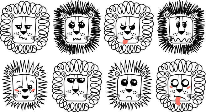Isolated doodle cute Lion emoticons. Cute set of vector animals with emotions. Cartoon feline, lion for print, children and baby development