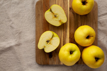 Raw Organic Golden Apples Ready to Eat, top view. Flat lay, overhead, from above. Copy space.