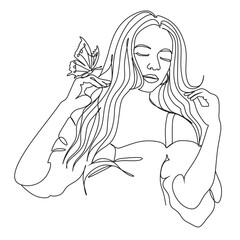 Woman face with butterfly. Line art female hands with butterflies. Abstract face with butterfly by one line vector drawing. Portrait minimalistic style. Botanical print. Nature symbol of cosmetics. 