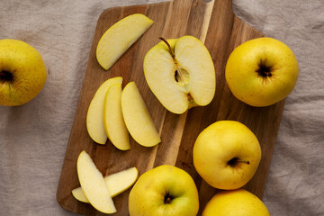 Raw Organic Golden Apples Ready to Eat, top view. Flat lay, overhead, from above.