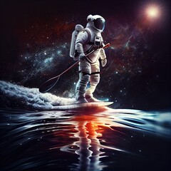 Astronaut paddle boarding on the abstract wave in outer space. Creative photorealistic illustration generated by Ai