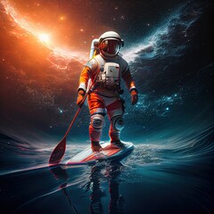 Obraz premium Astronaut paddle boarding on the abstract wave in outer space. Creative photorealistic illustration generated by Ai