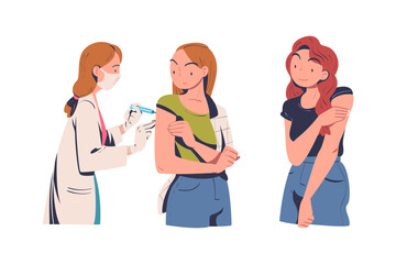 Fototapeta premium Vaccination with Woman Character Vaccinated in Upper Arm with Doctor Holding Syringe Vector Set