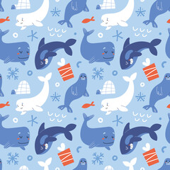 Arctic sea animals, cute blue whale, funny jumping killer whale, beluga and seal, seamless pattern, adorable arctic underwater mammals, doodle children's illustrations, Christmas print