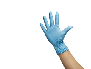  hand an invisible man in a blue glove made of nitrile shows a gesture of the palm. isolated on a white background. 