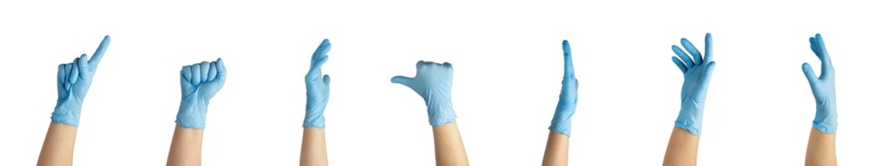 several hands in blue gloves of nitrile show fingers different gestures. isolated on the white background .High quality photo
