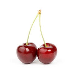 Two red cherries on a white background.