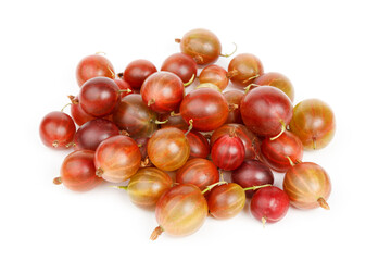 Ripe red gooseberries on a white background.