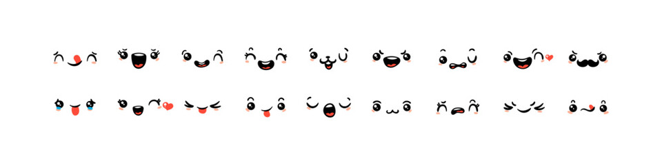 Various Cartoon Emoticons Set. Doodle faces, eyes and mouth. Caricature comic expressive emotions, smiling, crying and surprised character face expressions