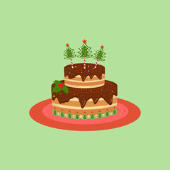 New Year's cake with chocolate, with Christmas trees, lollipops, on a plate. New Year vector design.