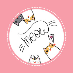 Meow. Kawaii illustration hand drawn banner. Cute cats with greetings and lettering on white color. Doodle cartoon style