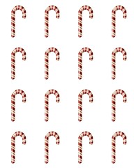 Christmas Ornament from sugar cane in red and white stripes on a white background. collection of delicious caramel canes. winter holiday food, happy new year, merry christmas. winter holidays concept