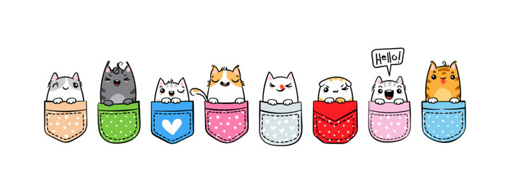 Hand Drawn Cat, Kitty, Kitten. Cute kawaii animals sitting in a pocket. Sketch, print design, illustration, children print on t-shirt
