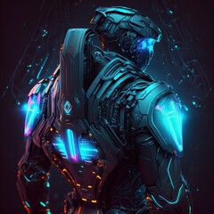 Sci-fi robotic exoskeleton armor with human operator inside, robot with neon glow on face 3d illustration