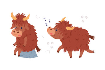 Fototapeta premium Cute Yak Character with Dense Fur and Horns Sitting on Stone and Singing Vector Set