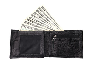 leather wallet with money american dollars isolated on white, concept of shopping, savings, investment, donations