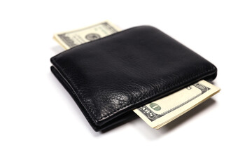 leather wallet with money american dollars isolated on white, concept of shopping, savings, investment, donations